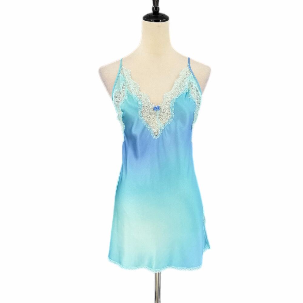 Victoria’s Secret Satin Blue Ombre Pastel Lace Chemise Slip Dress Lingerie